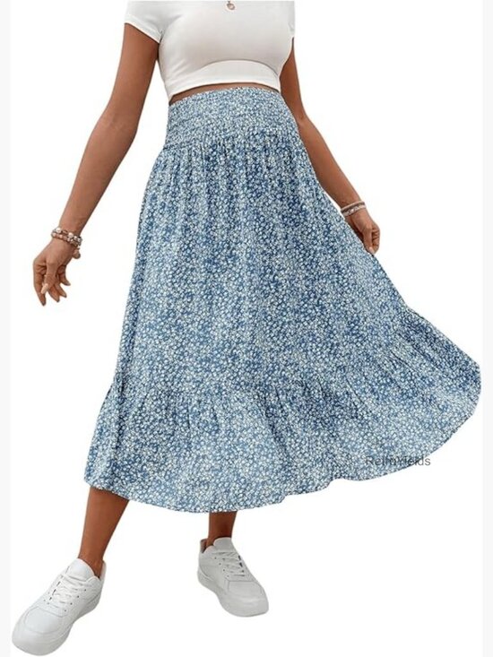 Dresses & Skirts - Maternity Floral Midi Skirt - Shirred High Waisted Flowy Casual Pregnancy Skirt